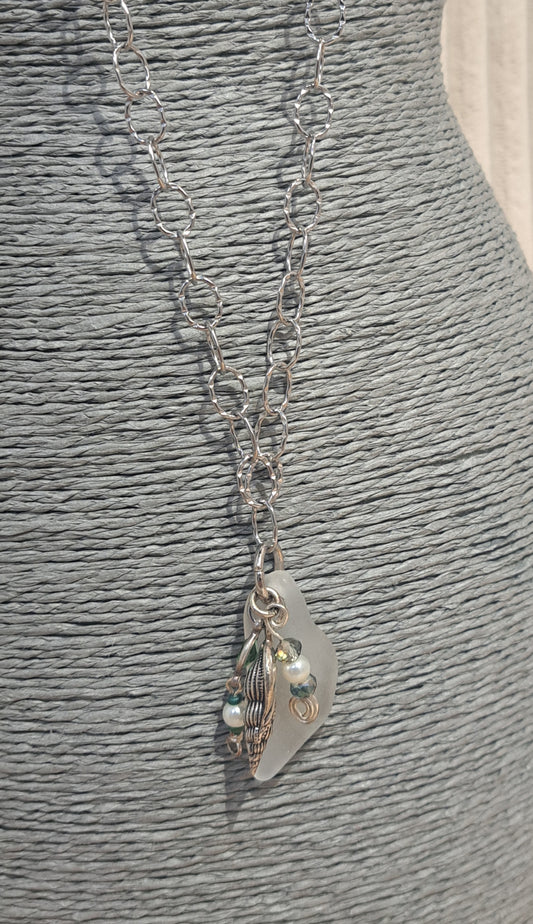 Horse eye stainless steel chain with sea glass and shell charm necklace
