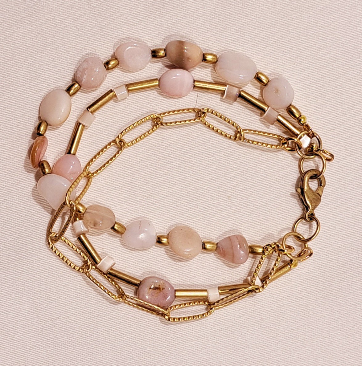 Pink Opal and Brass 3 strand bracelet