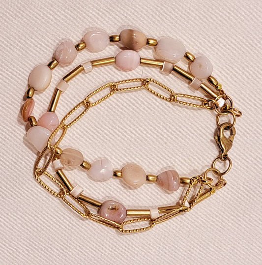 Pink Opal and Brass 3 strand bracelet