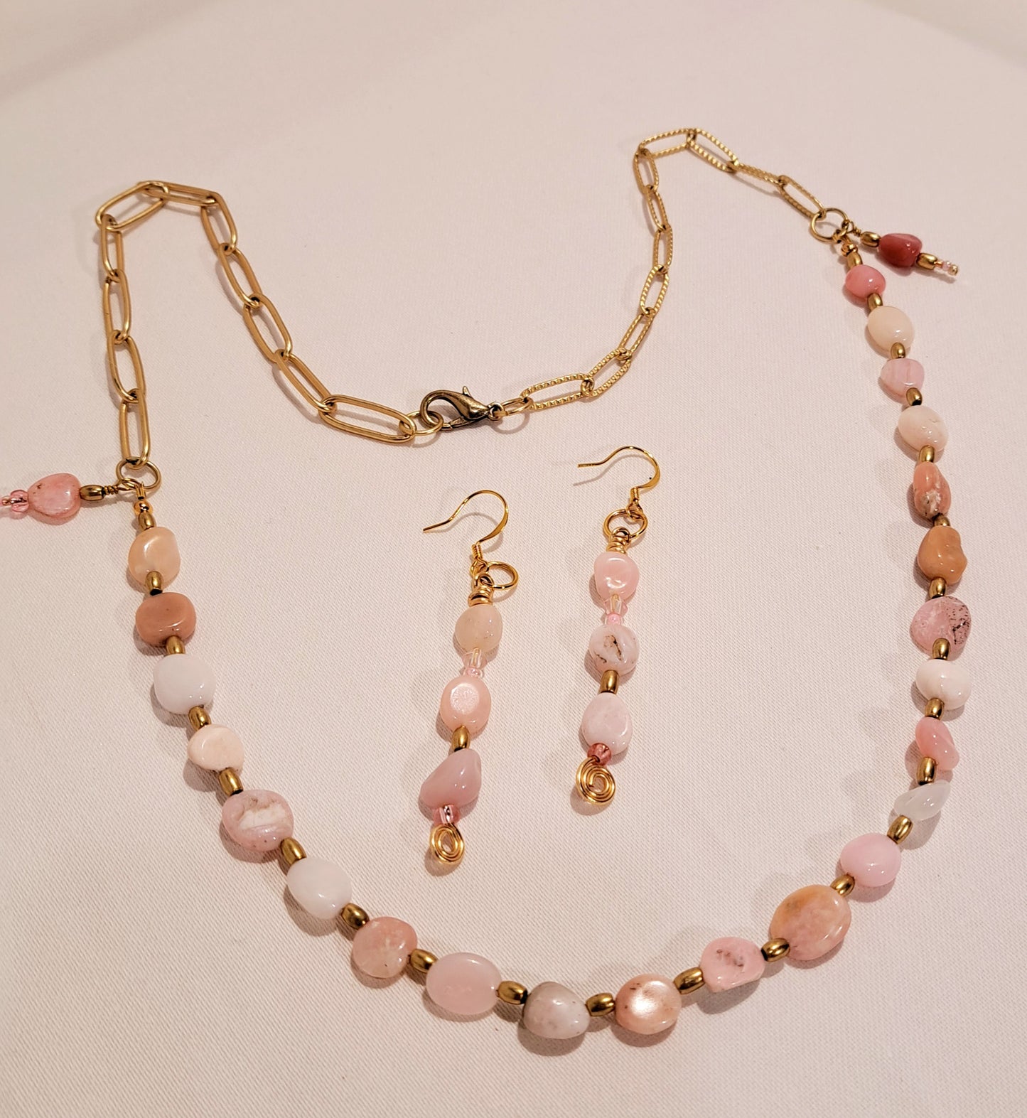 Pink Free Form Opal and paperclip chain necklace and earring set.