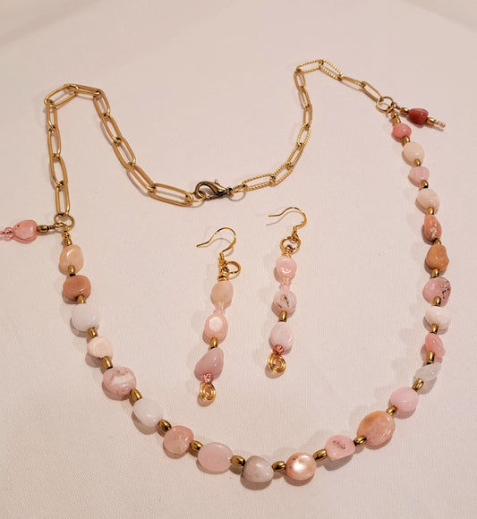 Pink Free Form Opal and paperclip chain necklace and earring set.