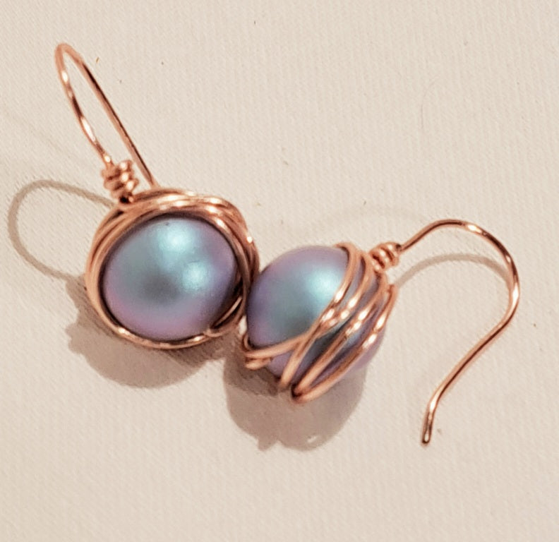 Swarovski wire wrapped blue pearl earrings