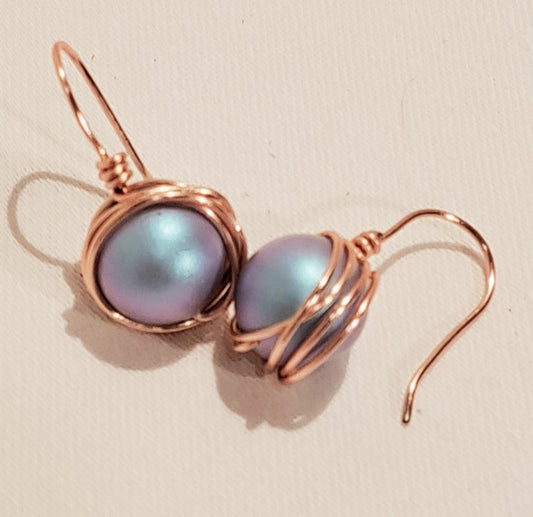 Swarovski wire wrapped blue pearl earrings